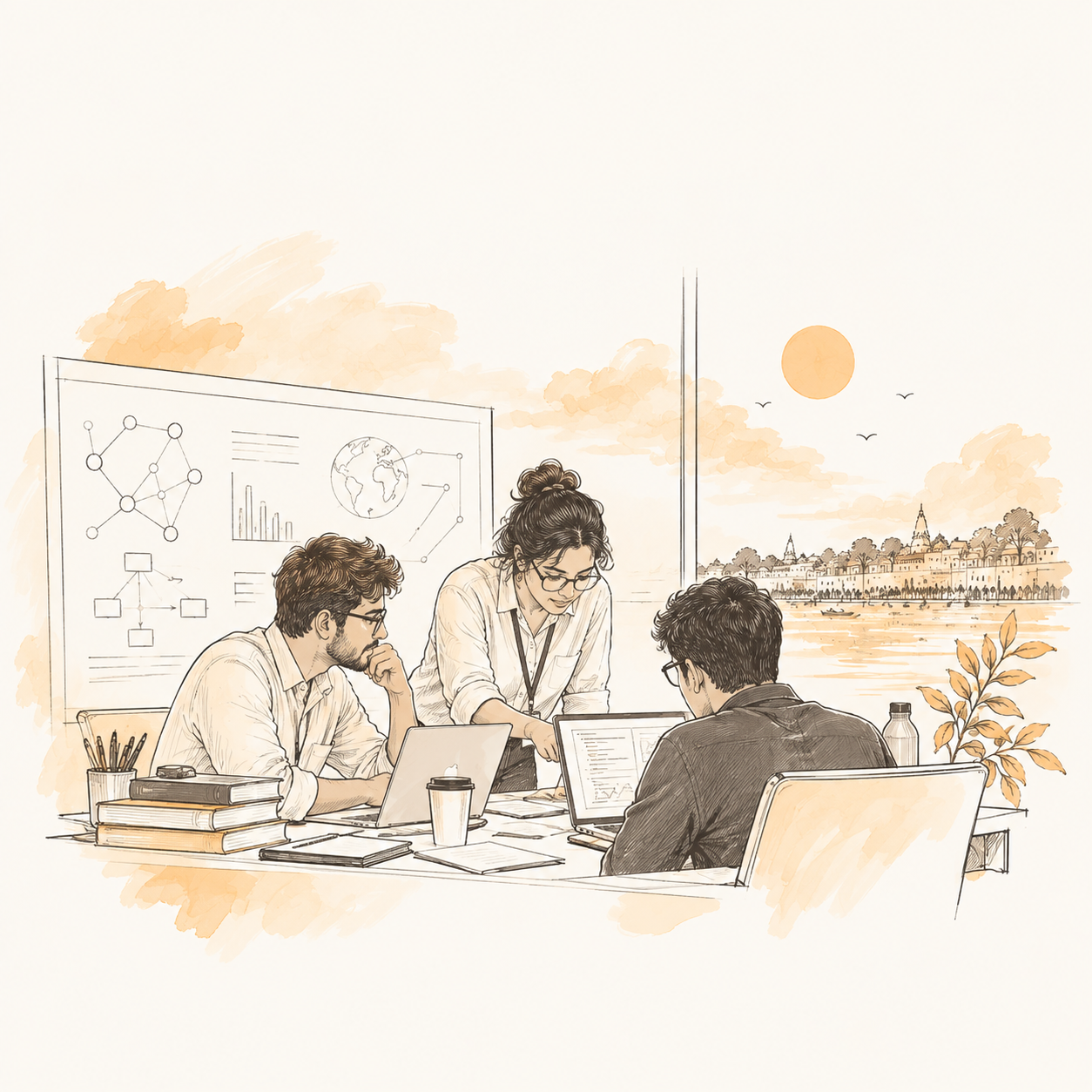 Illustration of a startup team collaborating around laptops in front of a whiteboard and a riverside temple skyline