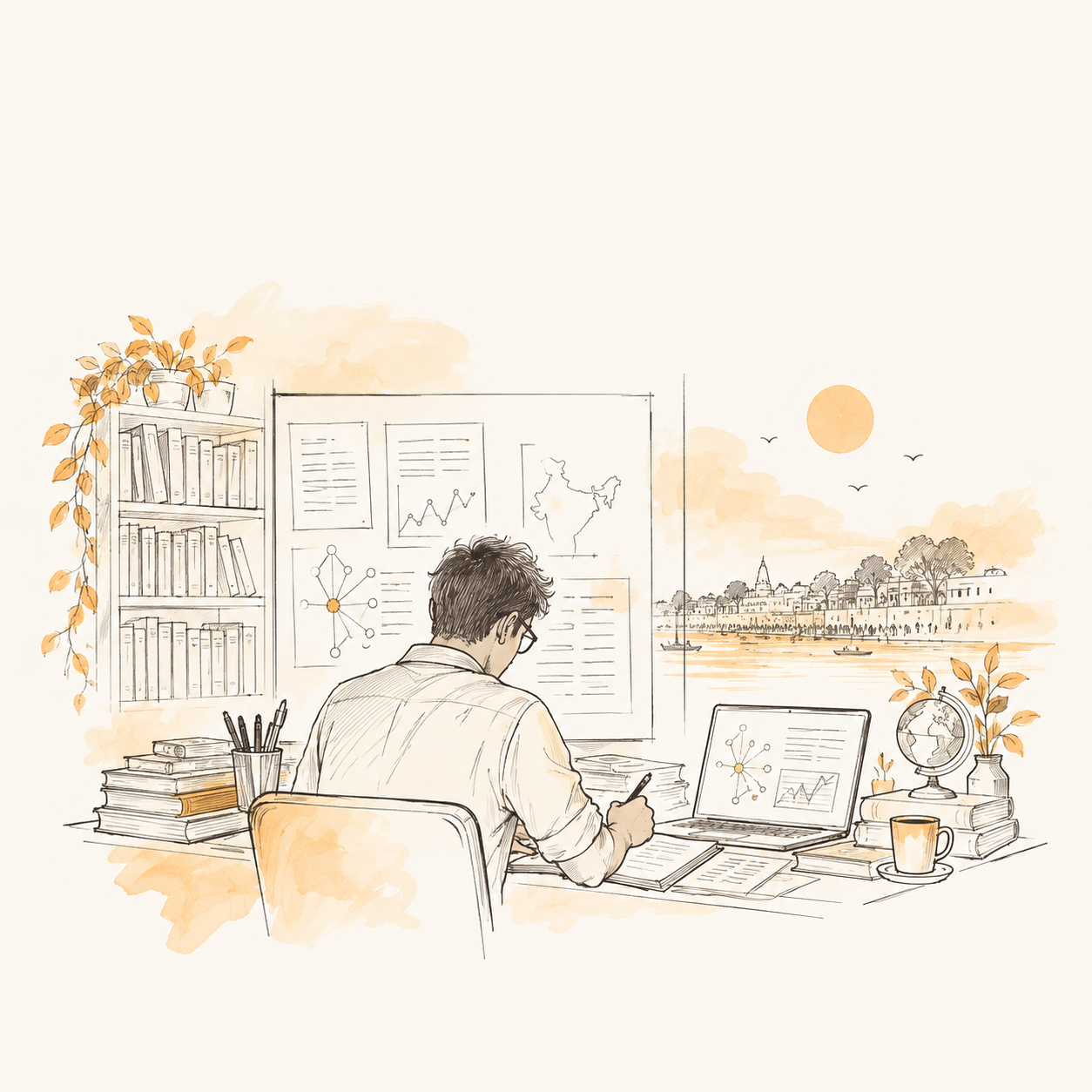 Illustration of a researcher studying notes and agent diagrams at a desk overlooking a riverfront city