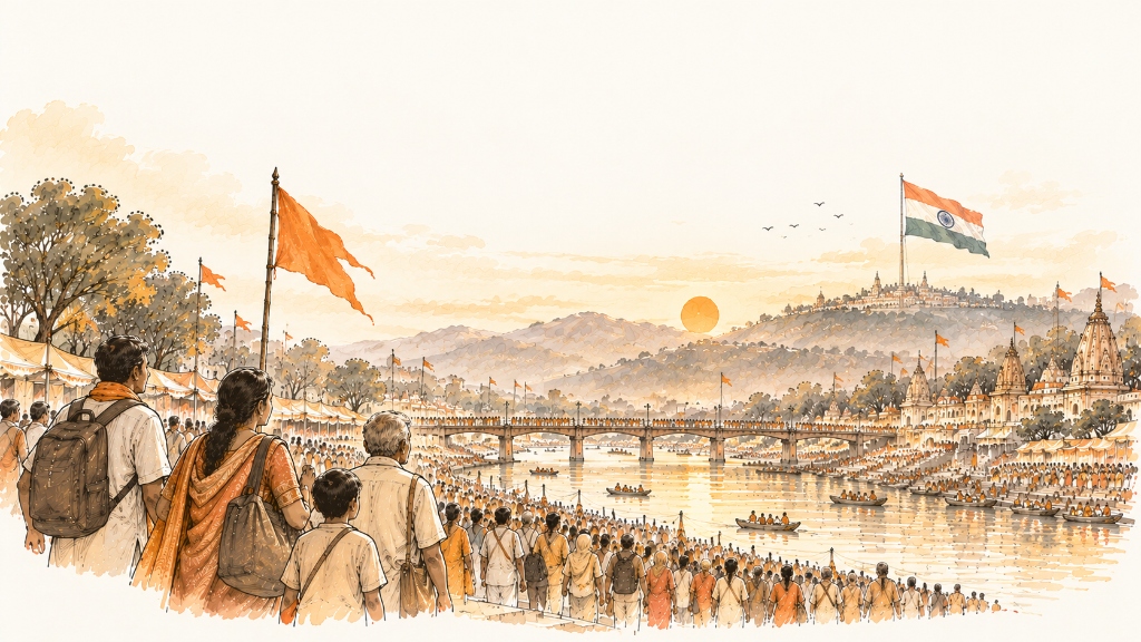 Watercolor illustration of the holy flag (dhwaja) and Indian tricolor waving above millions of pilgrims gathered at the riverbank at sunset