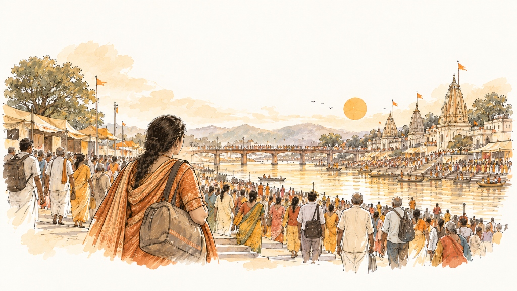 Watercolor illustration of a woman pilgrim arriving at the Godavari river and ghats in Nashik
