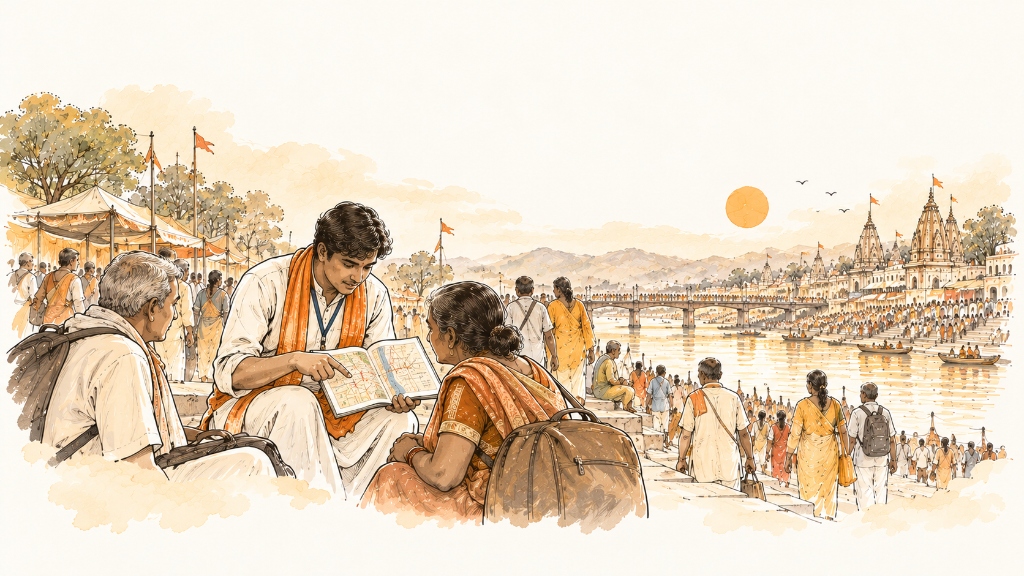 Watercolor illustration of a volunteer sevak holding a guidebook and explaining directions to elder pilgrims on ghat steps