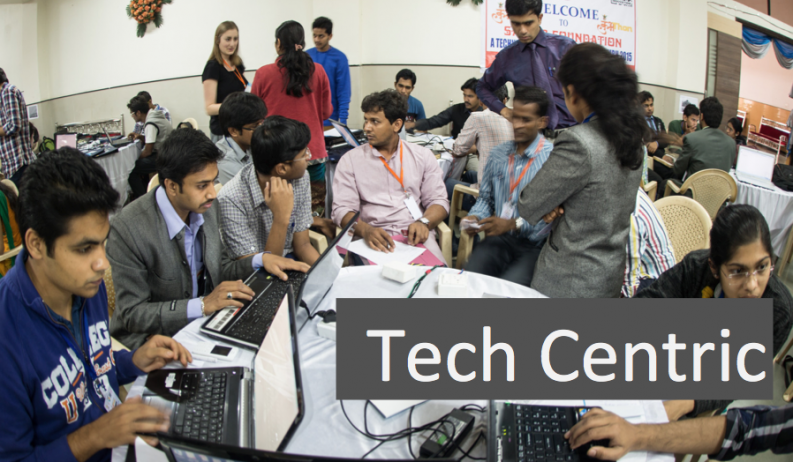 Kumbhathon 2015 hackathon with MIT Media Lab, researchers, and local innovators working on laptops